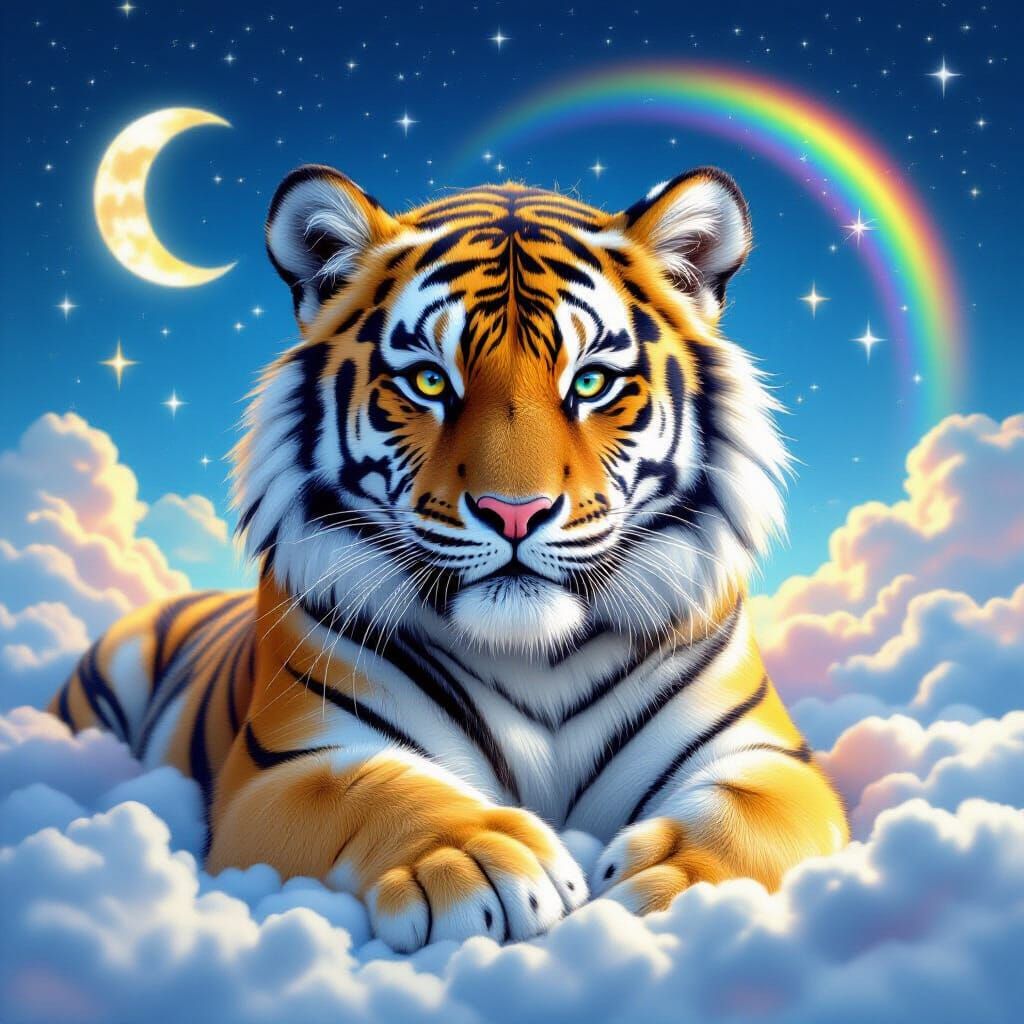 Rainbow Tiger Made of Clouds and Stars