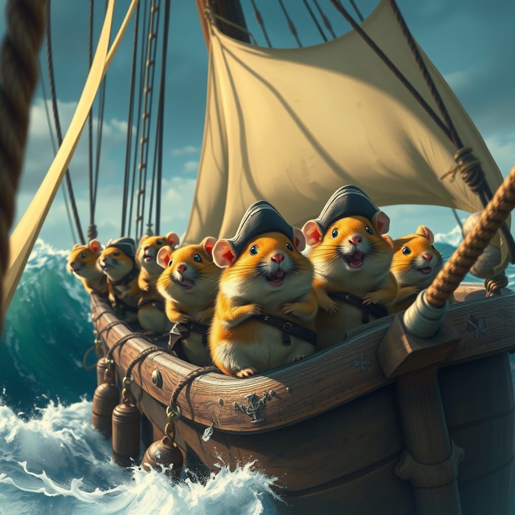 Gerbil Pirate Crew Navigating Stormy Seas