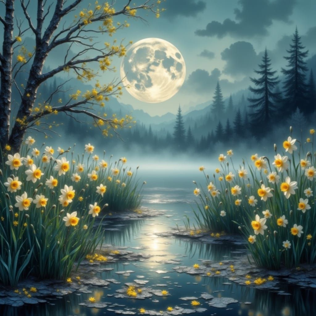Ethereal Daffodils Reflected in Moonlit Lake