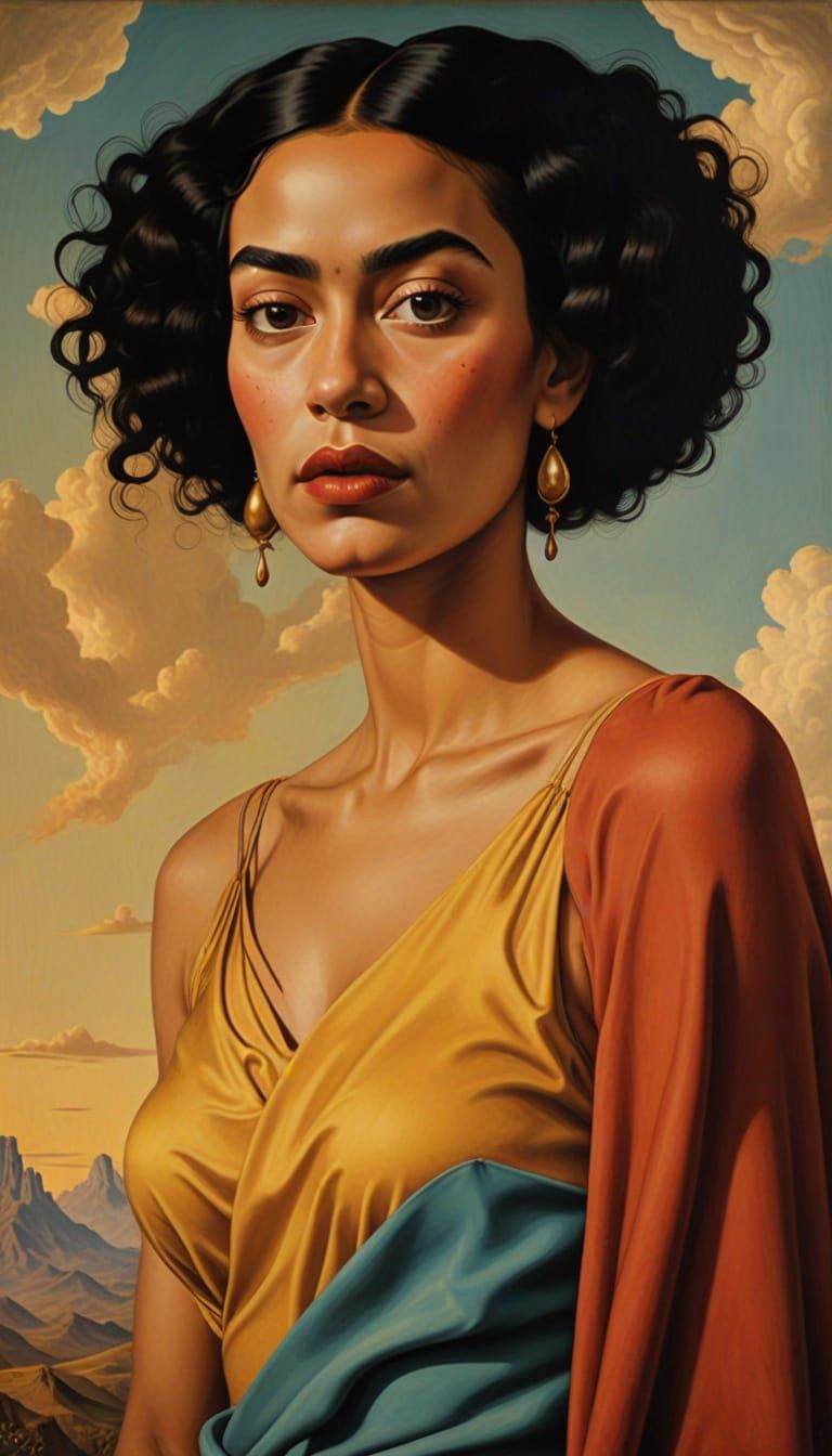 Surreal Bi-Racial Woman Portrait in Dalí & Magritte Style