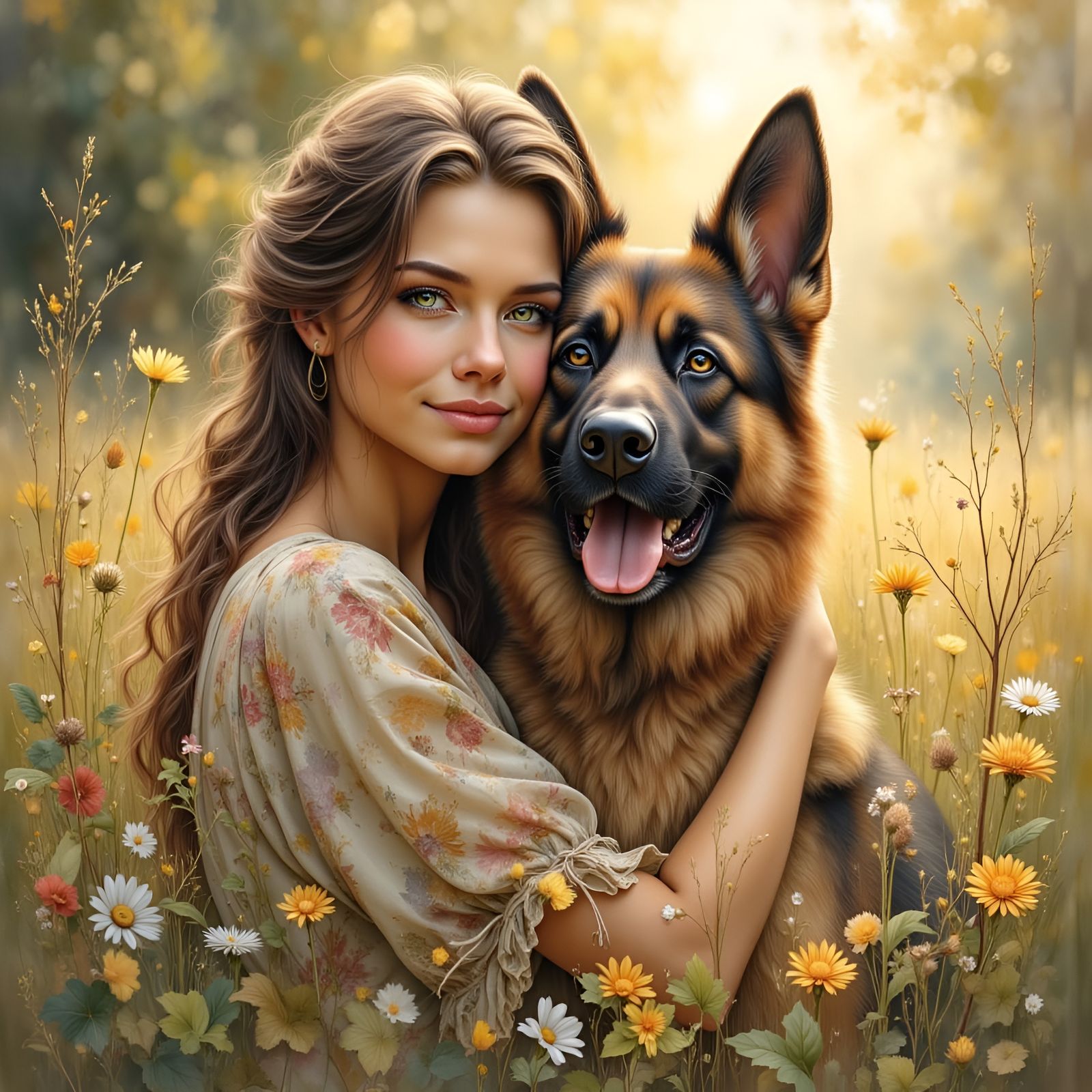 Woman Hugs German Shepherd in Sunlit Garden