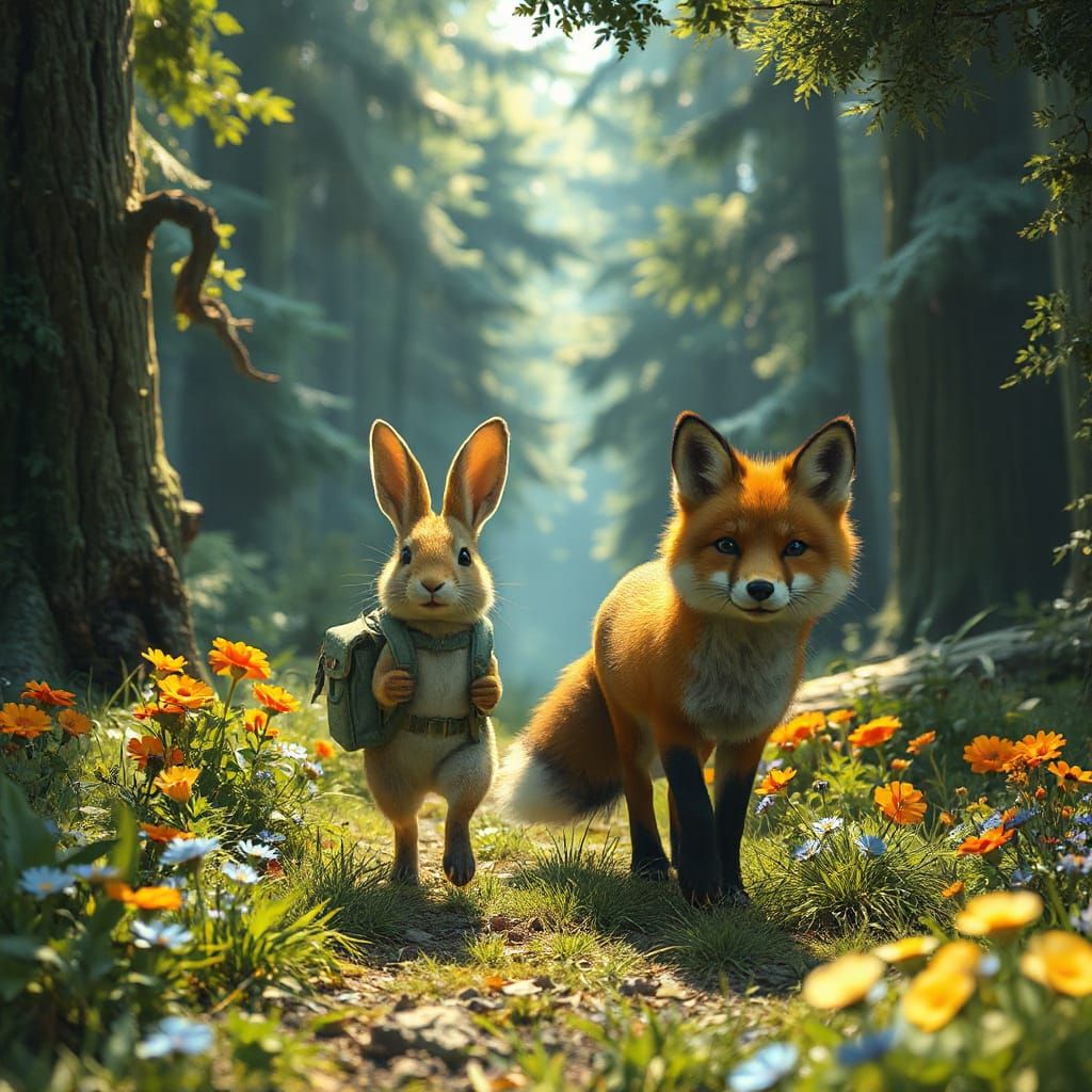 Rabbit and Fox in Forest, Dystopian Realism Style
