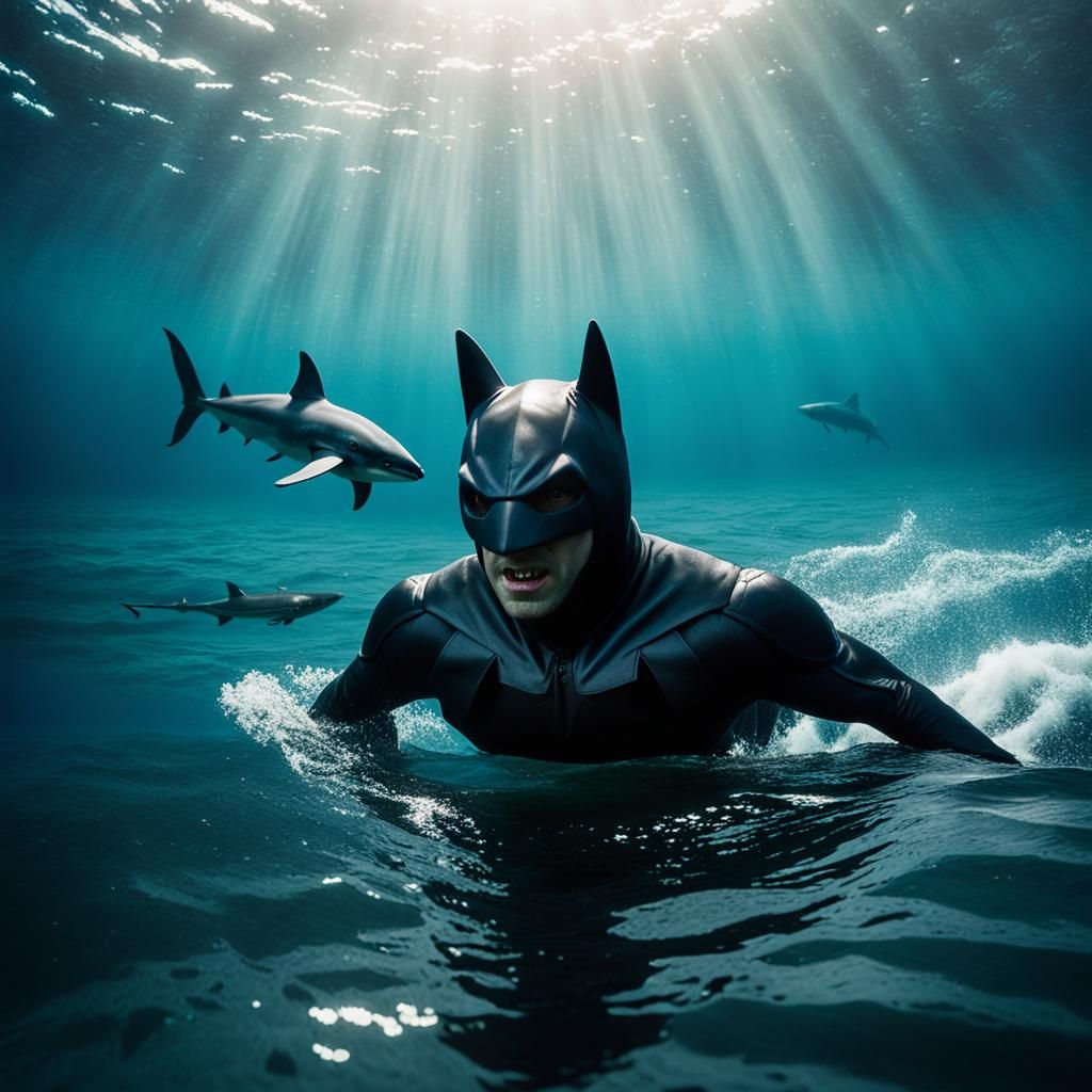 Dolphin in Bat-Suit Escaping Shark: Cinematic Still