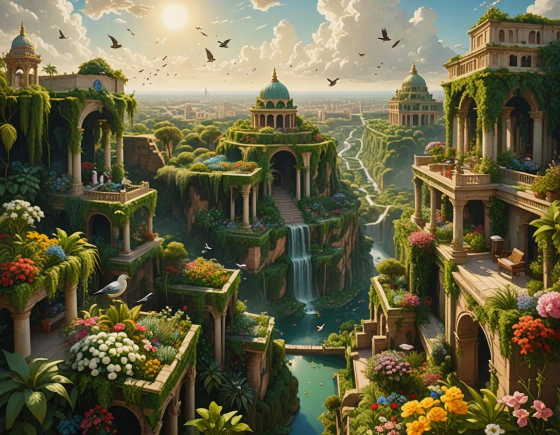 Hanging Gardens of Babylon: Whimsical Oil Painting
