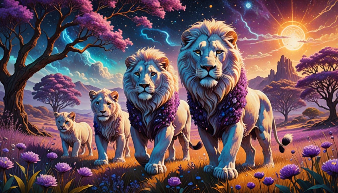 Ethereal White Lion Family in Vibrant Astral Landscape