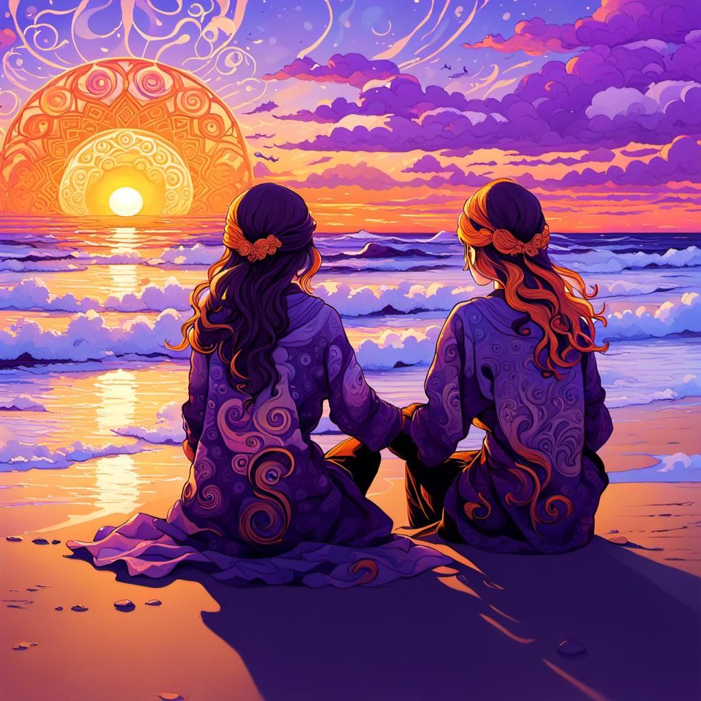 Beach Sunset: Alphonse Mucha-Inspired Dark Fantasy Art