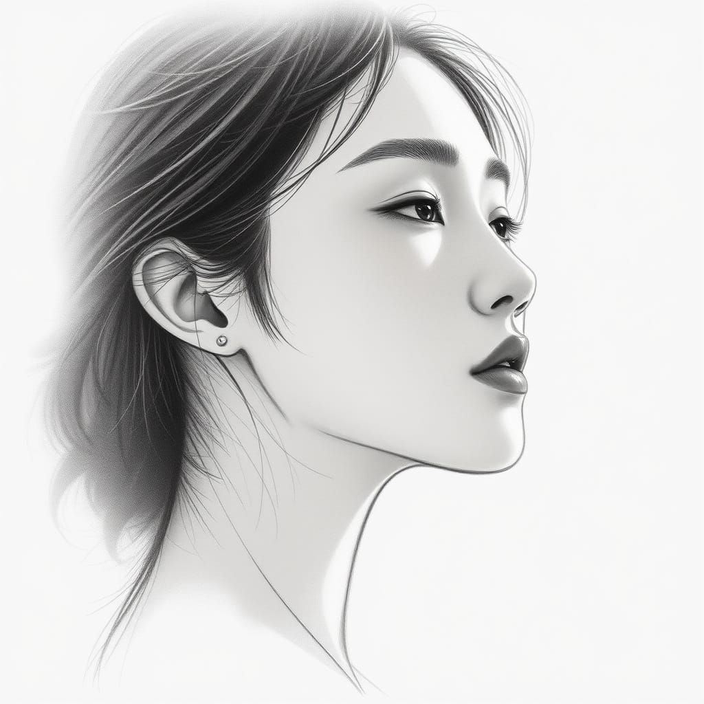 Elegant Asian Woman's Profile in Symbolist-Inspired Graphite...