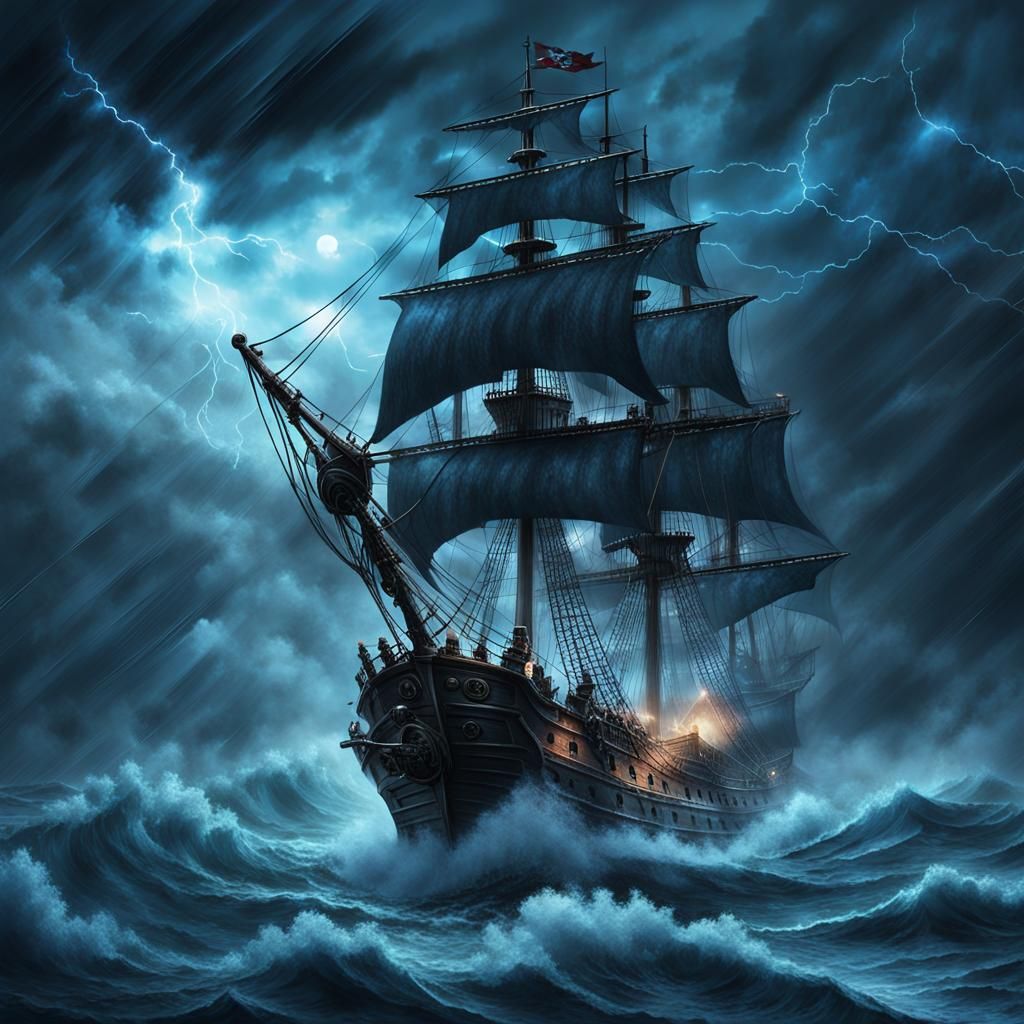 Ghostly Pirate Ship Sailing Stormy Seas