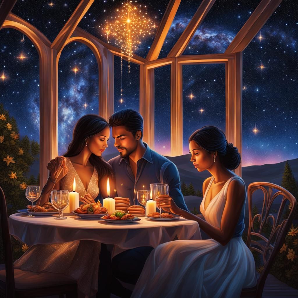 Latino Couple's Dreamlike Candlelight Dinner Under Aurora