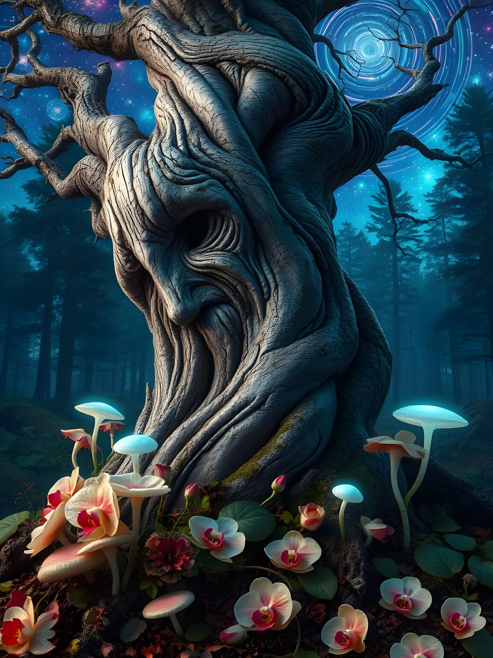 Whimsigoth Tree Trunk in a Majestic Forest Glowing with Biol...