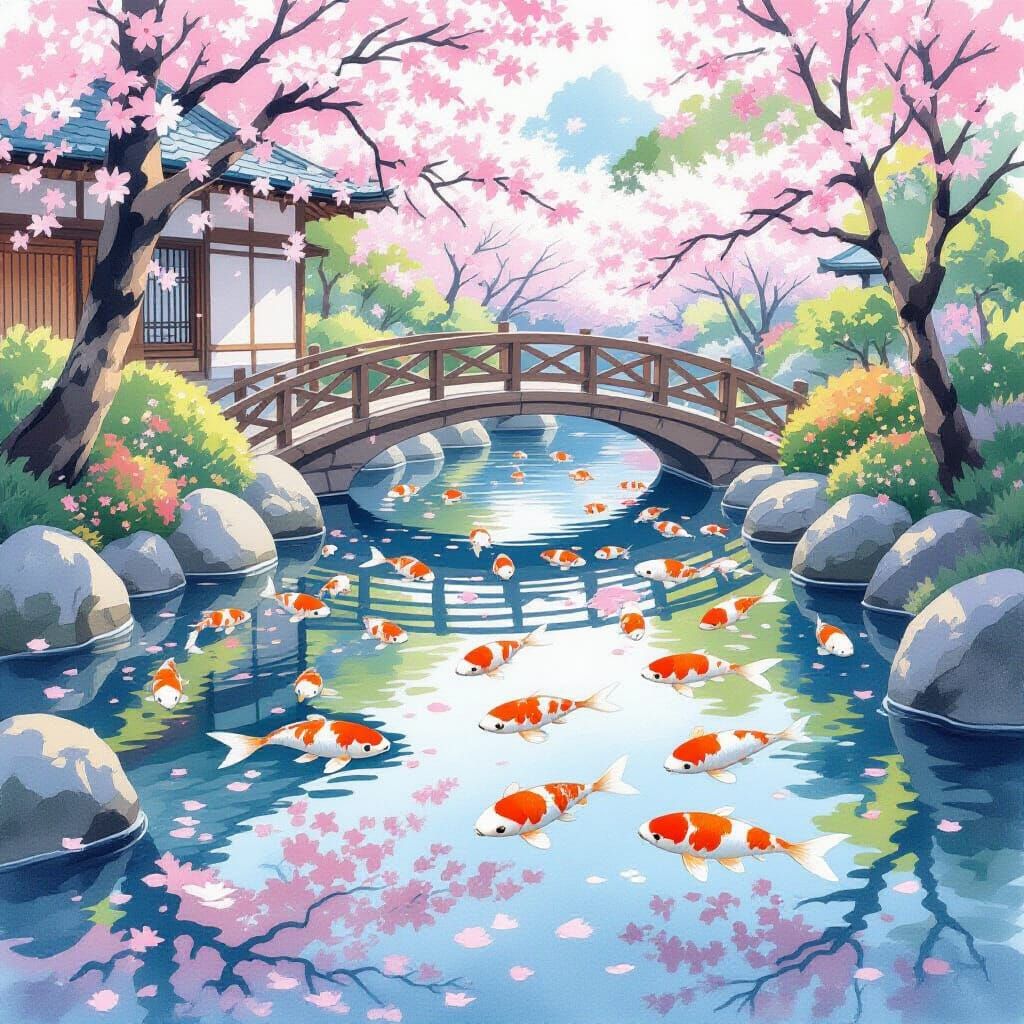 Koi Pond in Japanese Garden: Watercolor Style