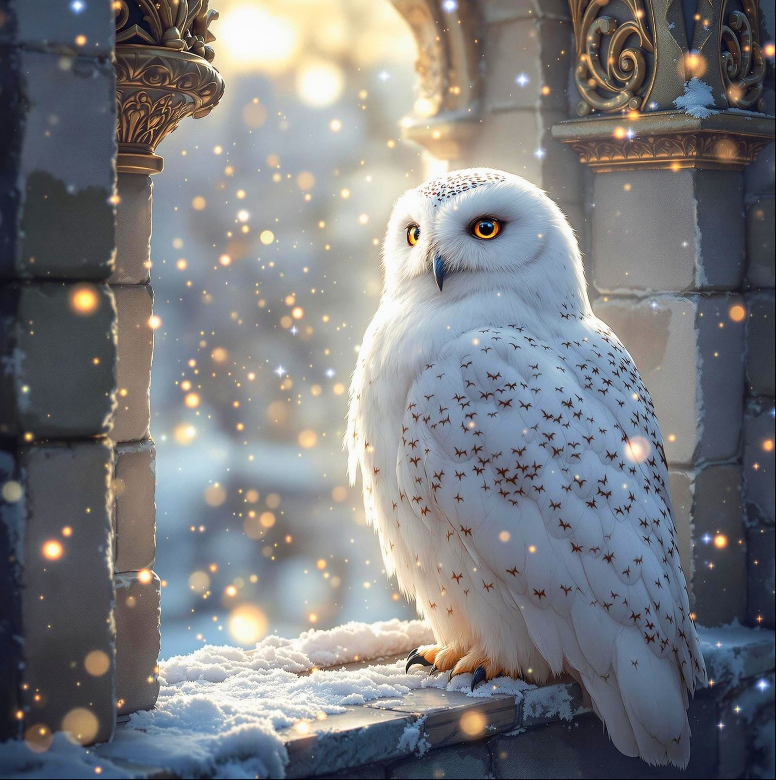Ethereal Snowy Owl at Dawn Castle Window