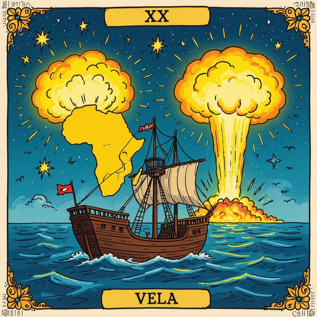 Tarot Card Style Drawing: Africa Map with Explosions