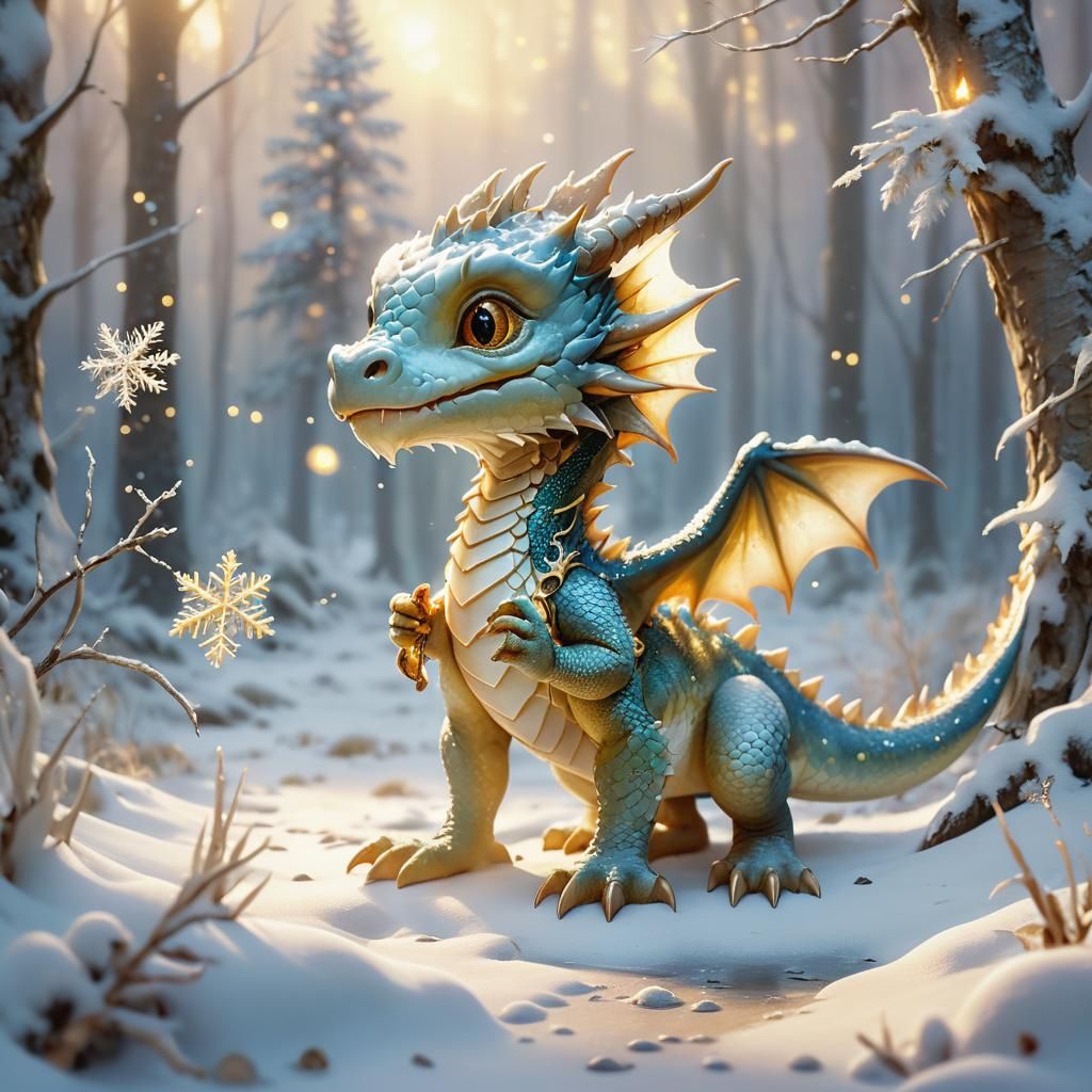 Baby Dragon in Snowy Forest, Golden Light