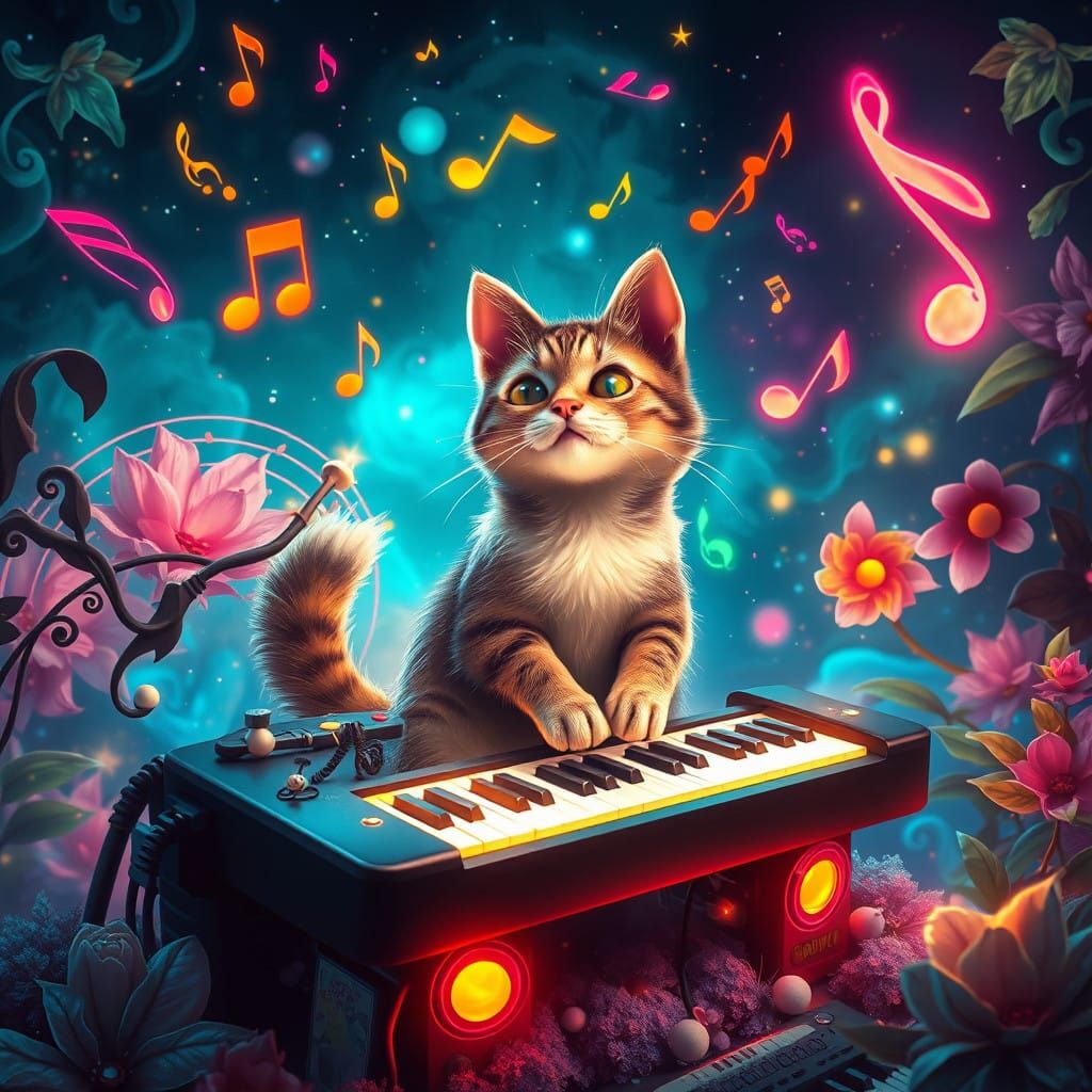 Whimsical Feline Maestro in a Dreamlike Musical Realm