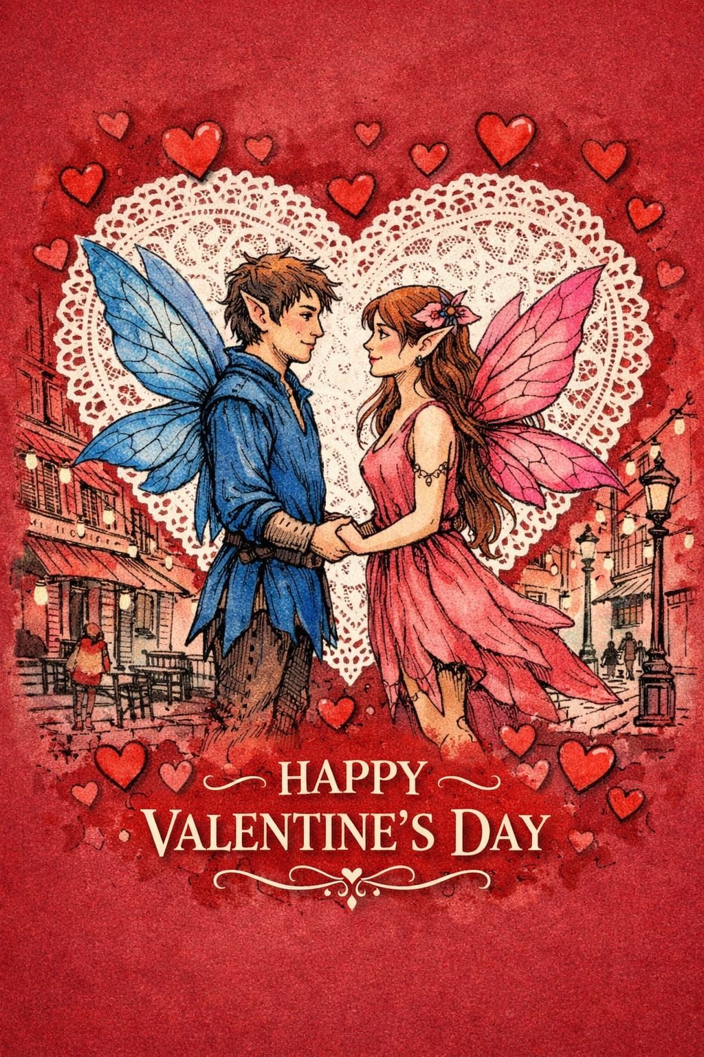 Valentine's Day Fairies Holding Hands in Pen and Ink Sketch