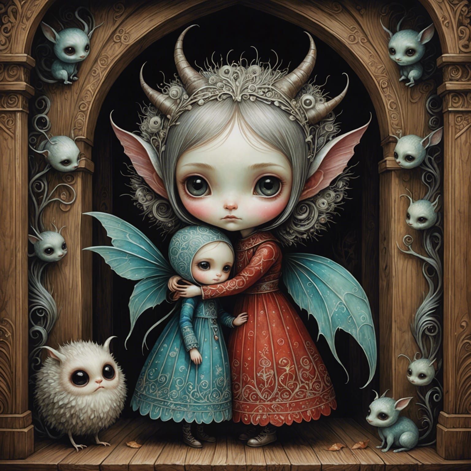 Girl Hugging Imp: Slavic Folklore Illustration
