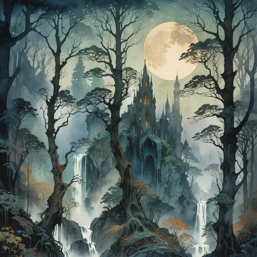 Misty Gothic Waterfalls in Watercolor Style