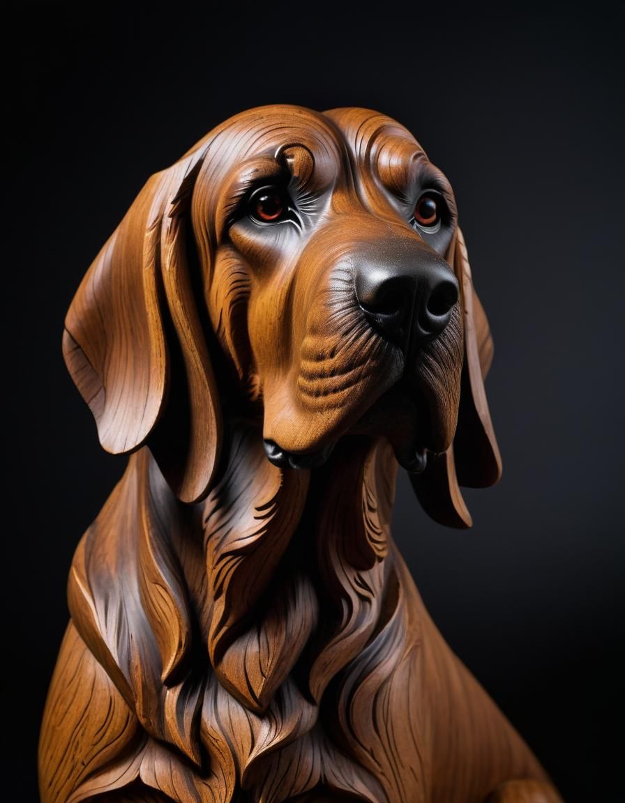 Intricate Wood Carving of a Bloodhound Dog
