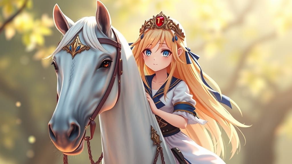 Medieval Queen on White Horse in Anime Style