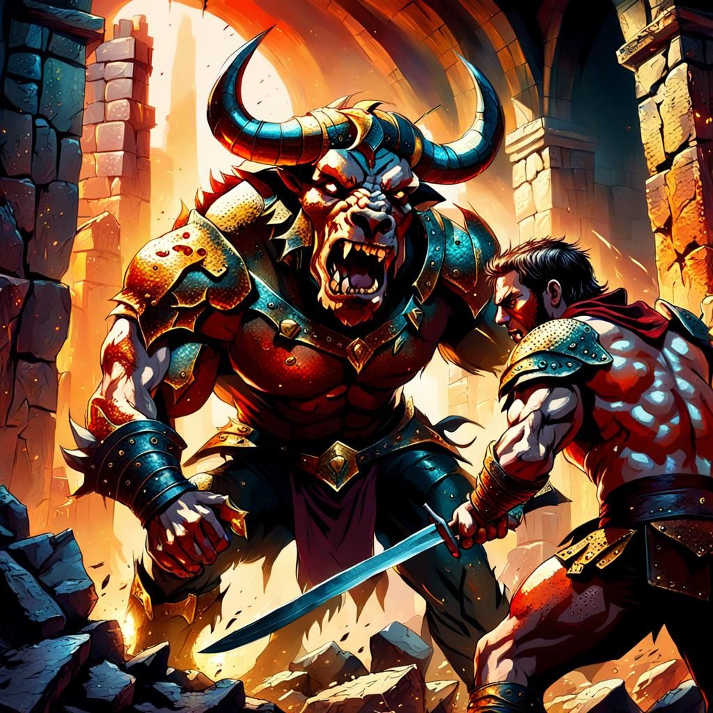 Heroic Fantasy: Young Hero Versus Fearsome Minotaur