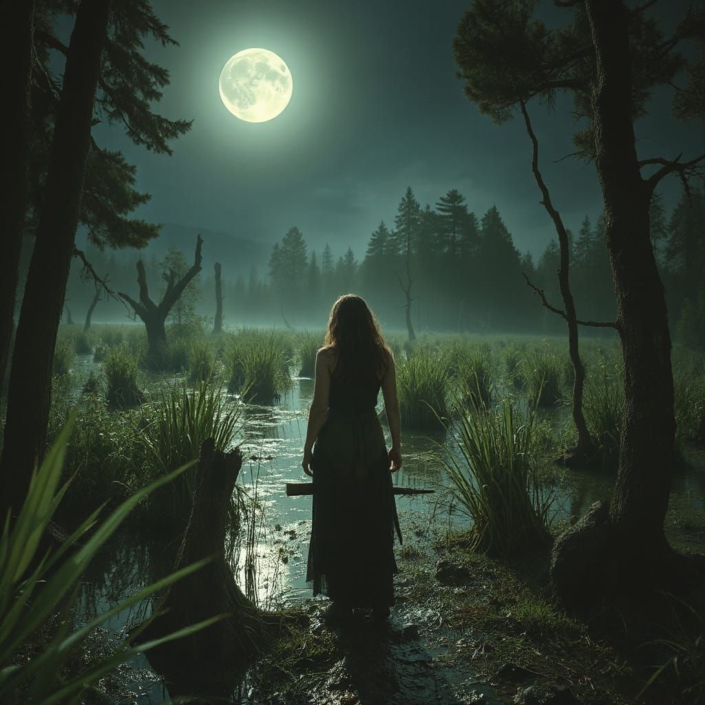 Bog Woman in Irish Swamp Under Full Moon