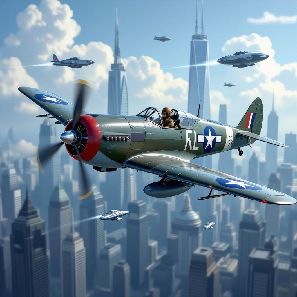 WWII Pilot Over Futuristic Metropolis: A Surreal Blend
