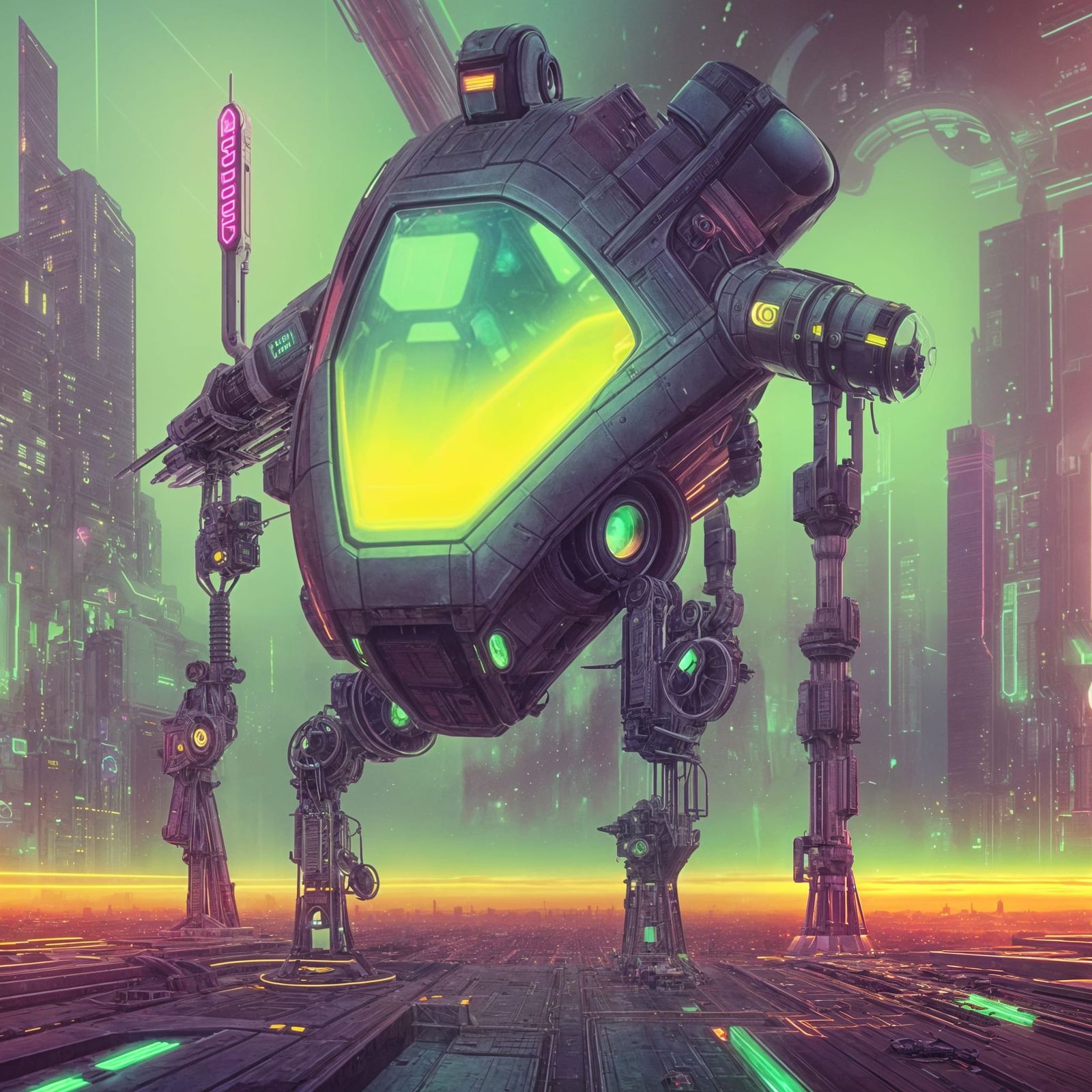 Retro-Futuristic Cityscape in Neon Hues
