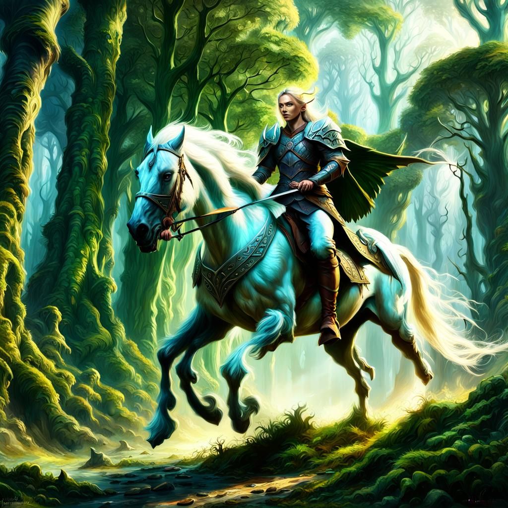Elven Warrior on Pegasus Pursued by Orcs