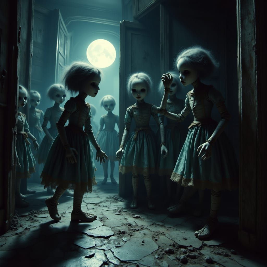 Sinister Ragdoll Children Knocking on Halloween Door