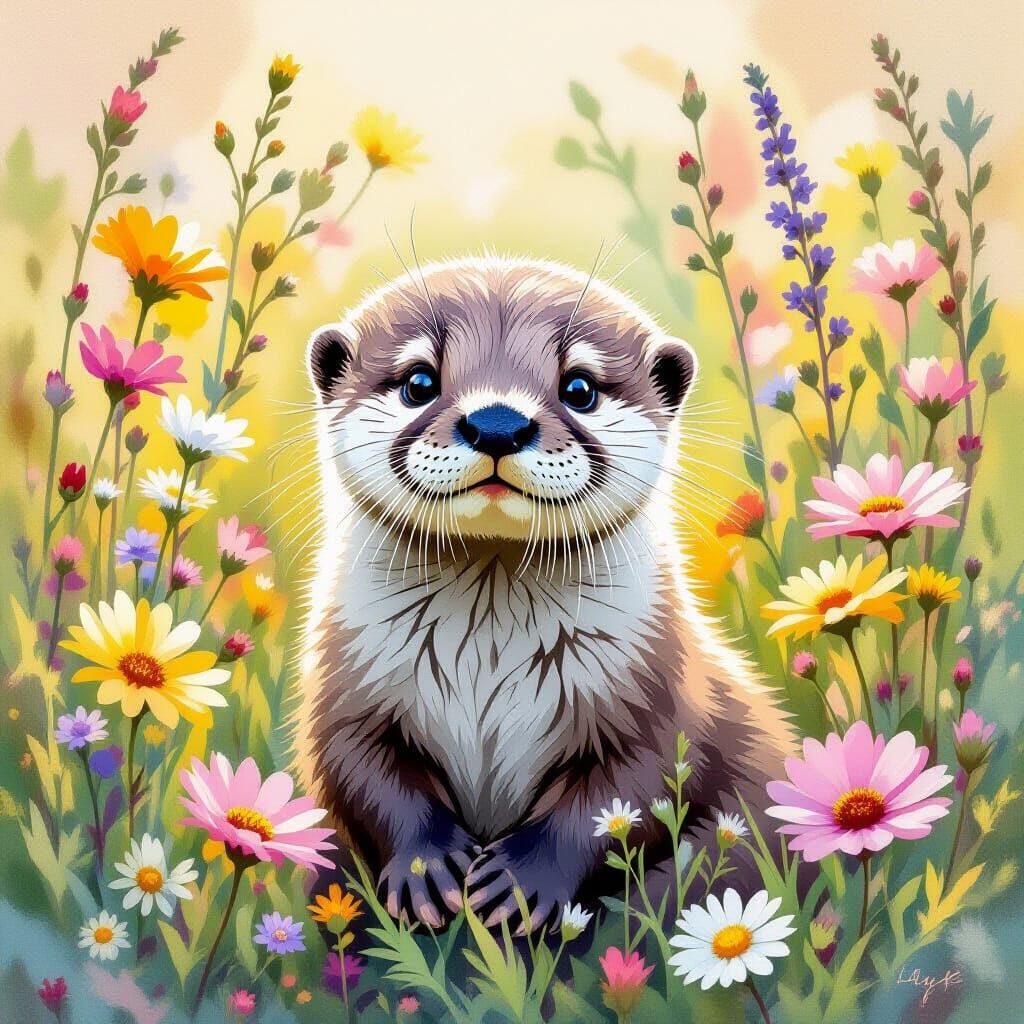 Otter Pup in Wildflowers: Watercolor Art