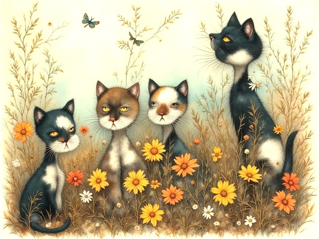 Whimsical Cats Inspired by Naive Art