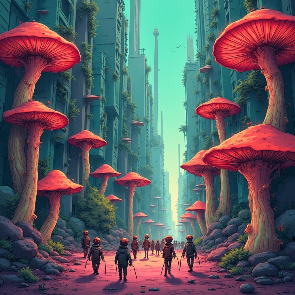 Futuristic Fungi Metropolis in Neon Colors