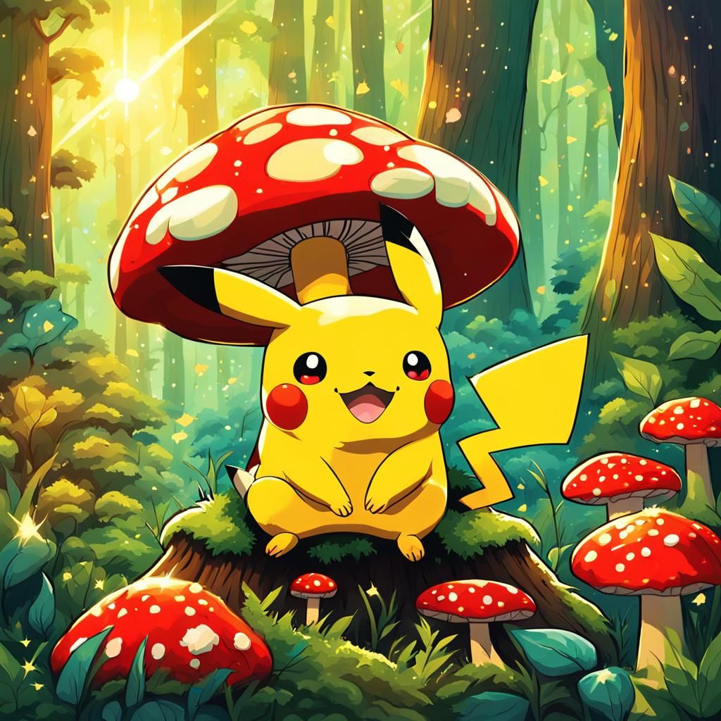 Pikachu in Lush Forest, Anime Style Illustration