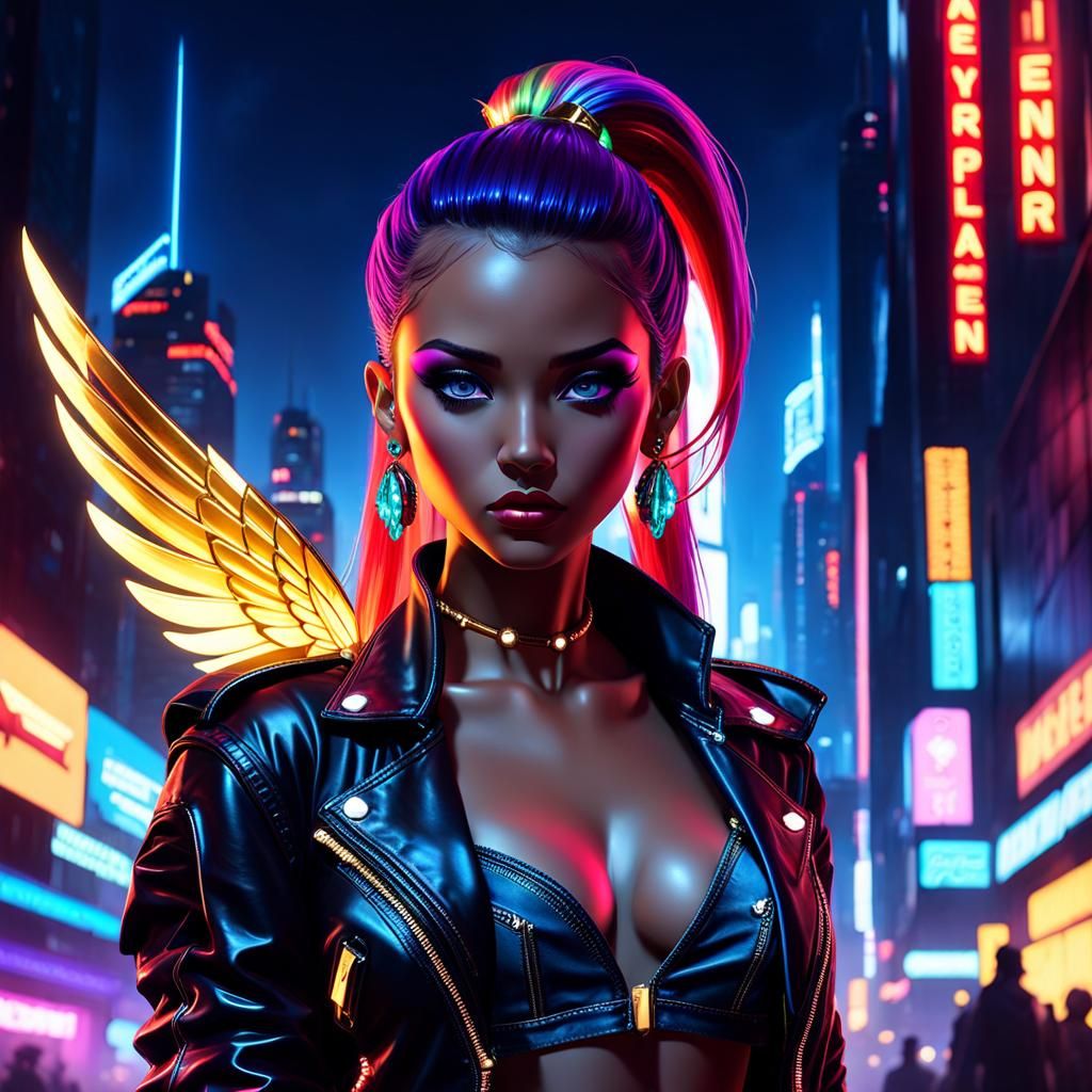 Cyberpunk Fairy Portrait in Neon Cityscape