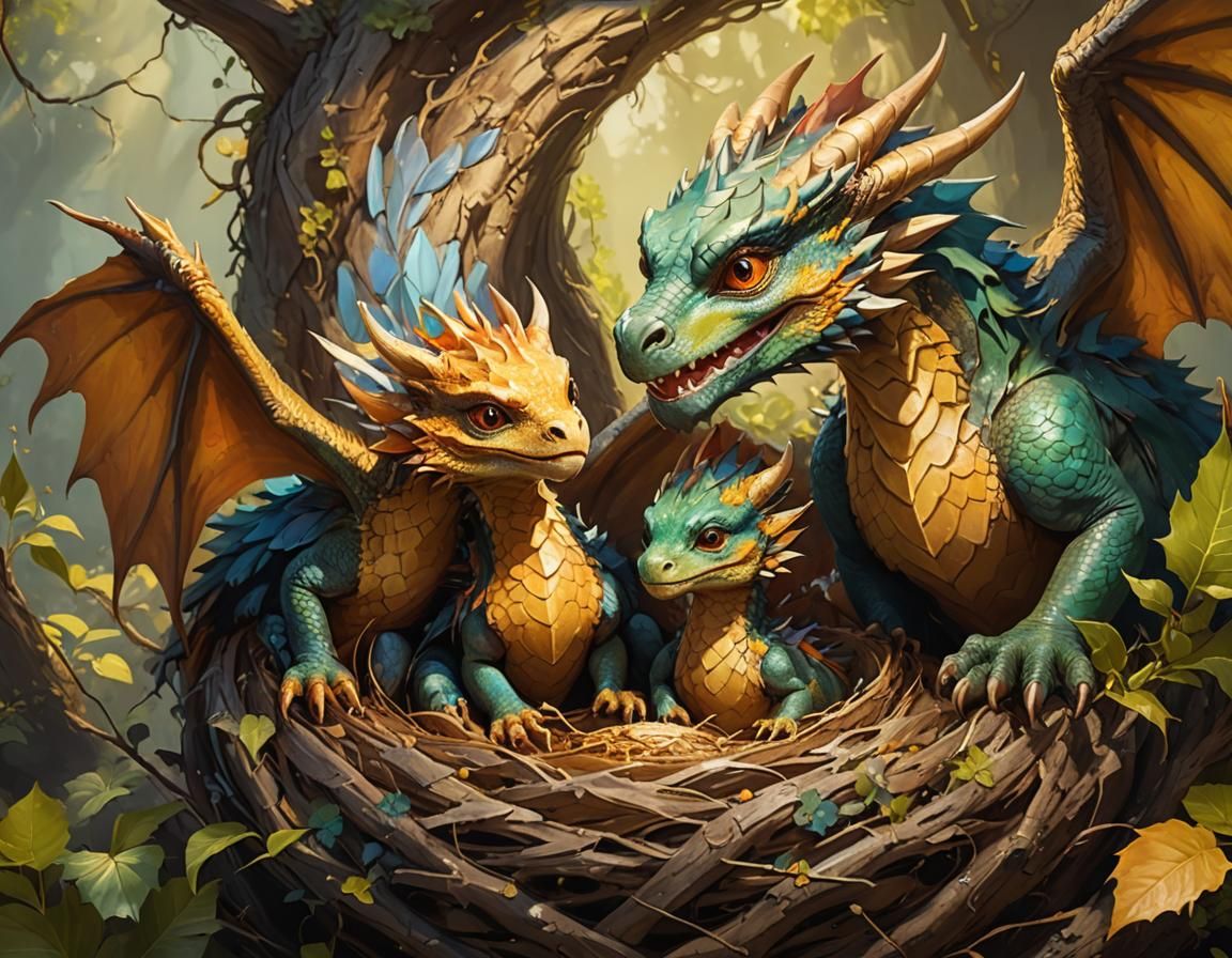 Baby Dragon's First Meal: A Heartwarming Fantasy Scene