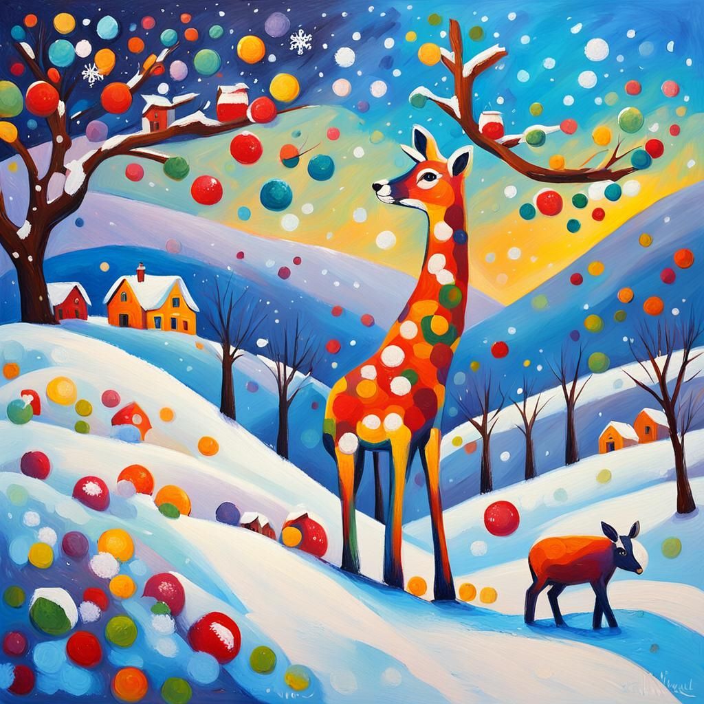 Fauvist Winter Landscape with Animals Playing