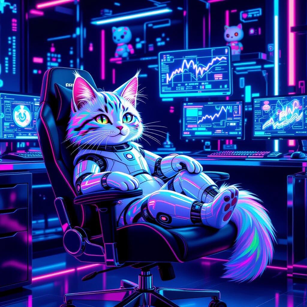 Robotic Cat in Futuristic Apartment with Neon Glow