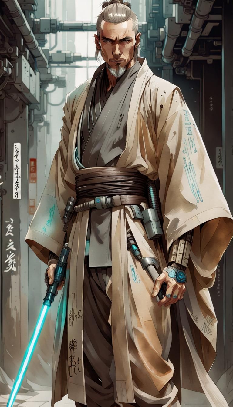 Cyberpunk Jedi with Cybernetic Implants in Watercolor Style