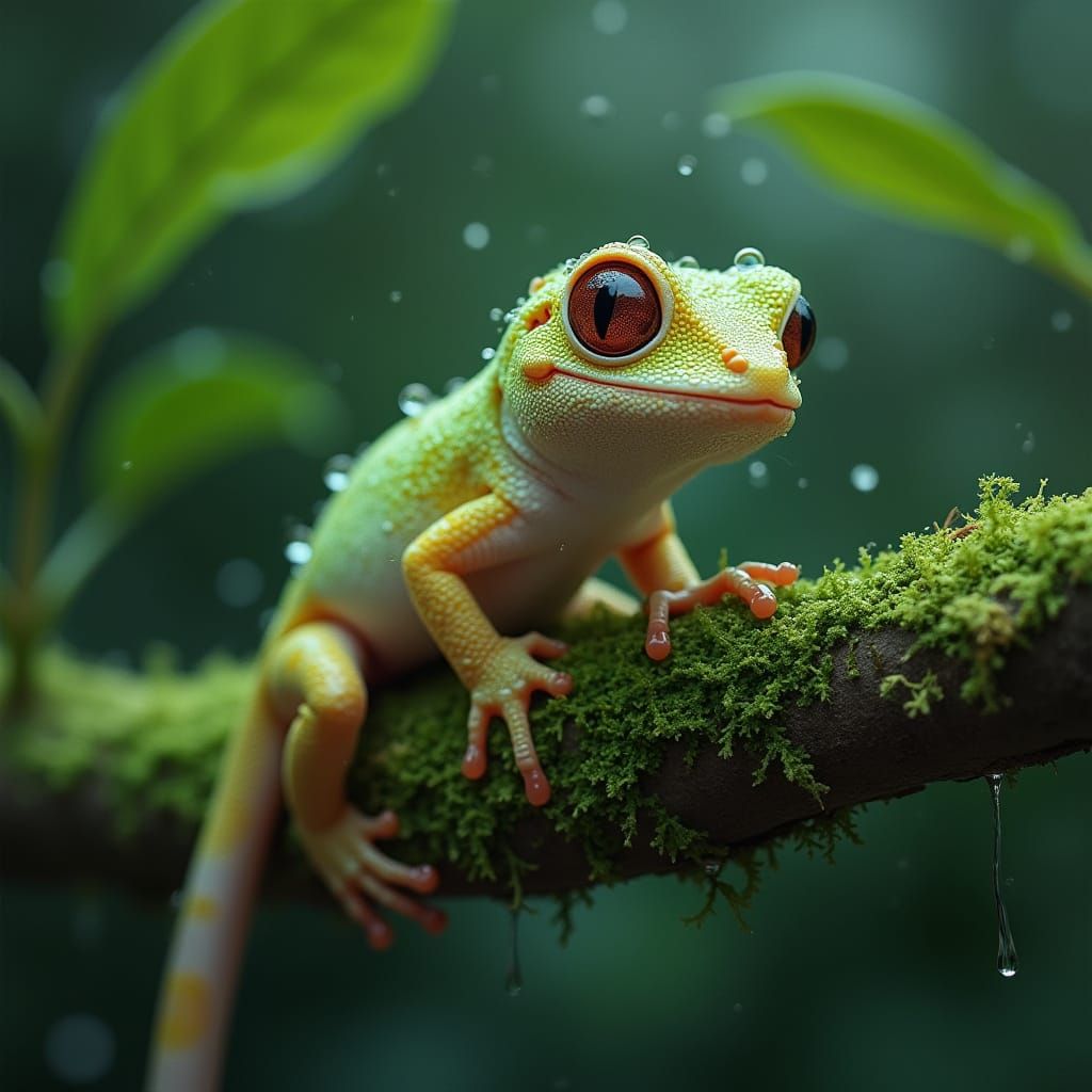 Gecko with Water Droplets on Mossy Branch