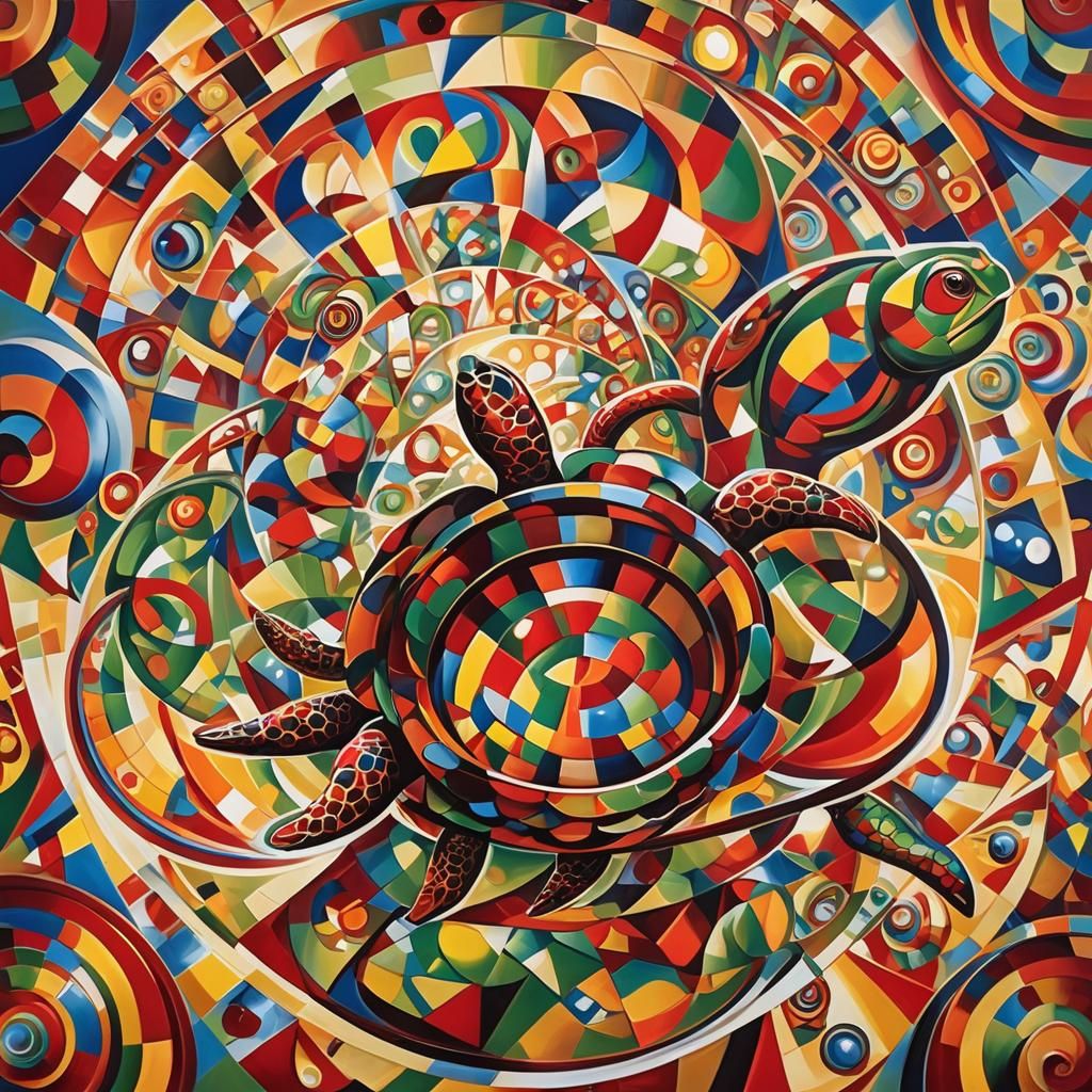 Abstract Cubist Turtles in Rotating Glass Bowl