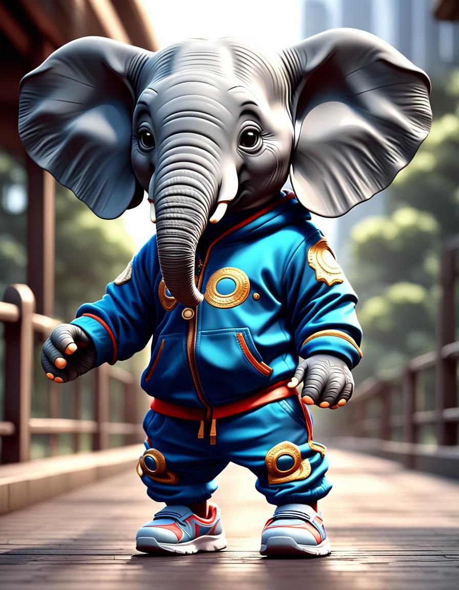 Cute Elephant in Jogging Suit, Detailed Photo