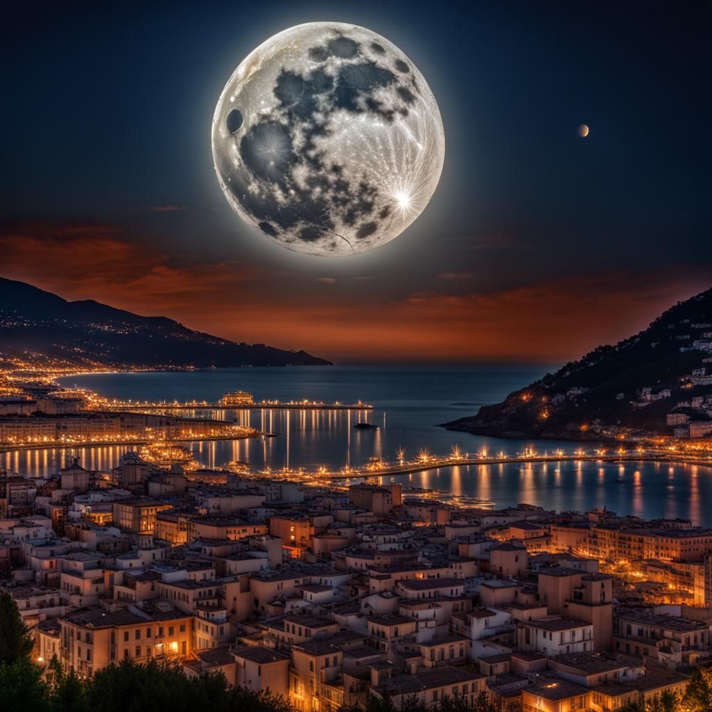 Bloody Full Moon Over Salerno: Hyperrealistic Atmospheric Sc...