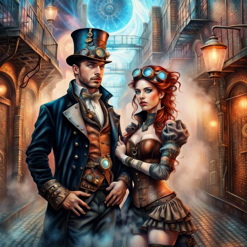 Steampunk Couple in Fantasy Alleyway: Detailed Portrait