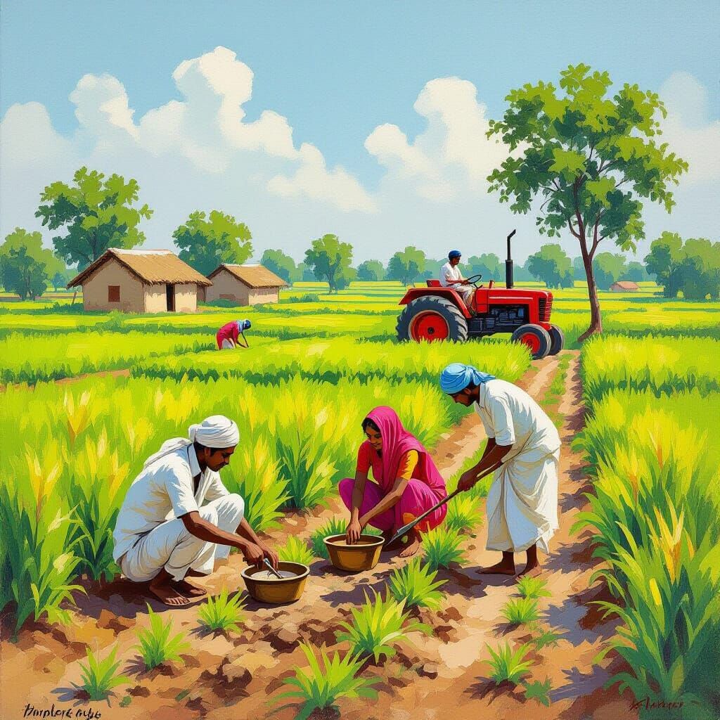 Vibrant Indian Village Farm Scene in Folk Art Style