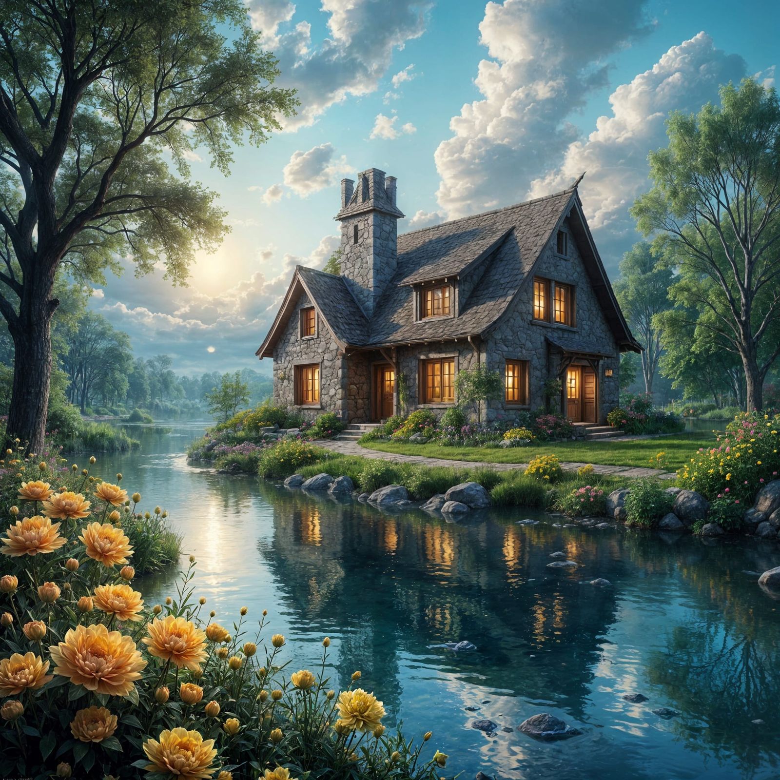 Idyllic Lakeside Cottage with Peonies in Maranov Style