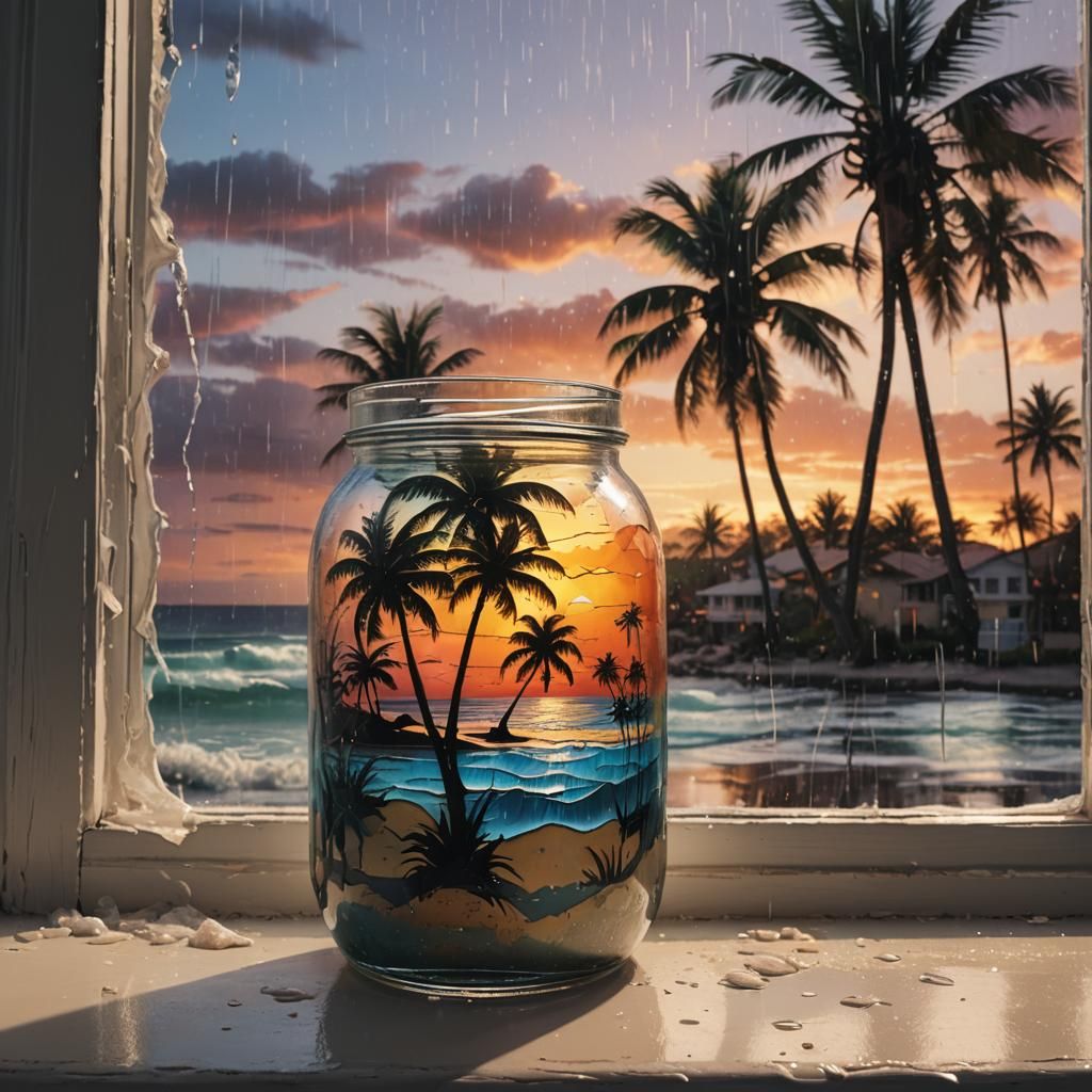 Sunset Beach in a Jar: Hyperrealistic Splash Art