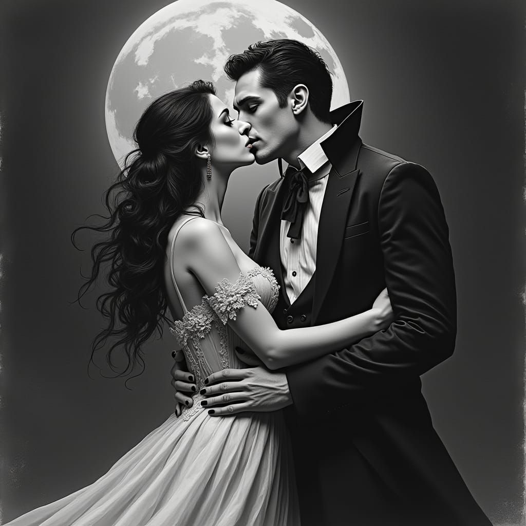 Eerie Romantic Vampire Kiss Charcoal Drawing