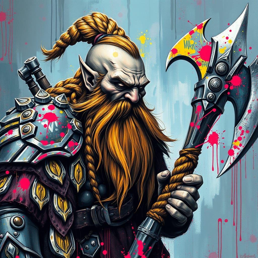 Vibrant Grim Dwarf Warrior in Graffiti Fantasy