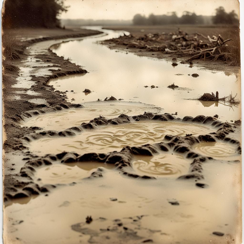 Nostalgic Vintage Postcard in Muddy Puddle